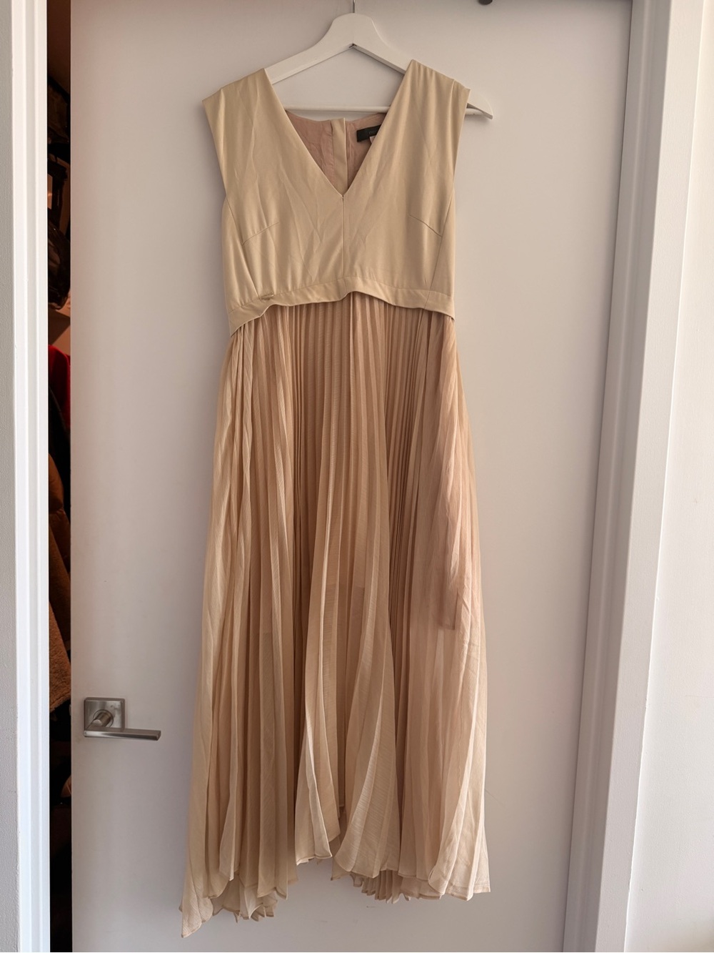 Made in Italy beige Pleated V-Neck Cream Maxi Dress